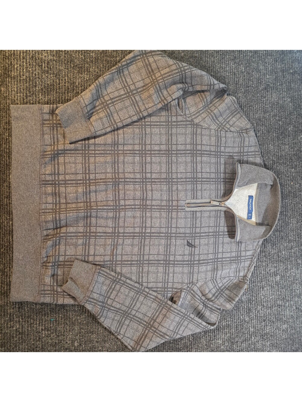 Nautica Men's Gray Plaid Quarter Zip Pullover Sweater Size L